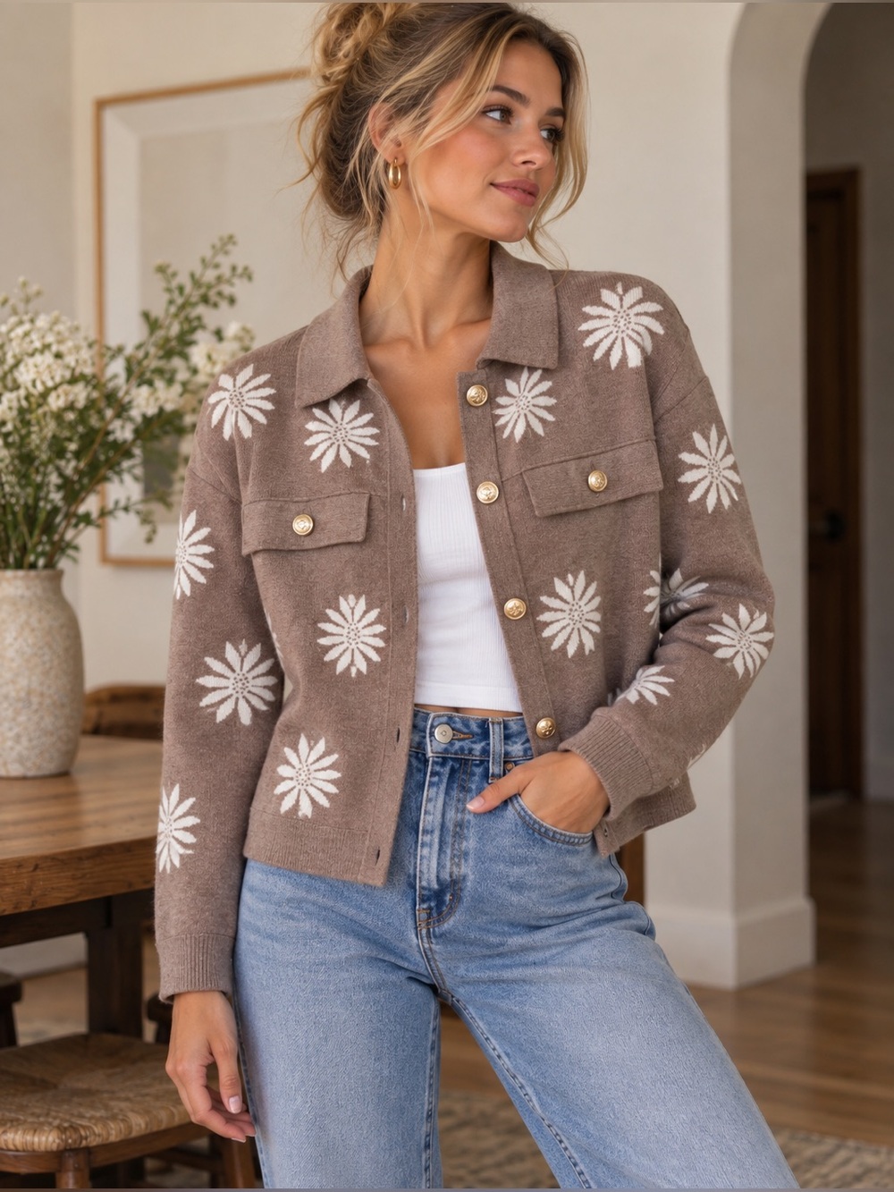 Rio & Rian Floral Knit Cardigan Jacket Women’s Large Taupe Gold Buttons